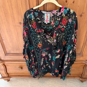 Johnny Was Multicolor Floral Print Blouse. Embroidered on Sleeve Cuff .
